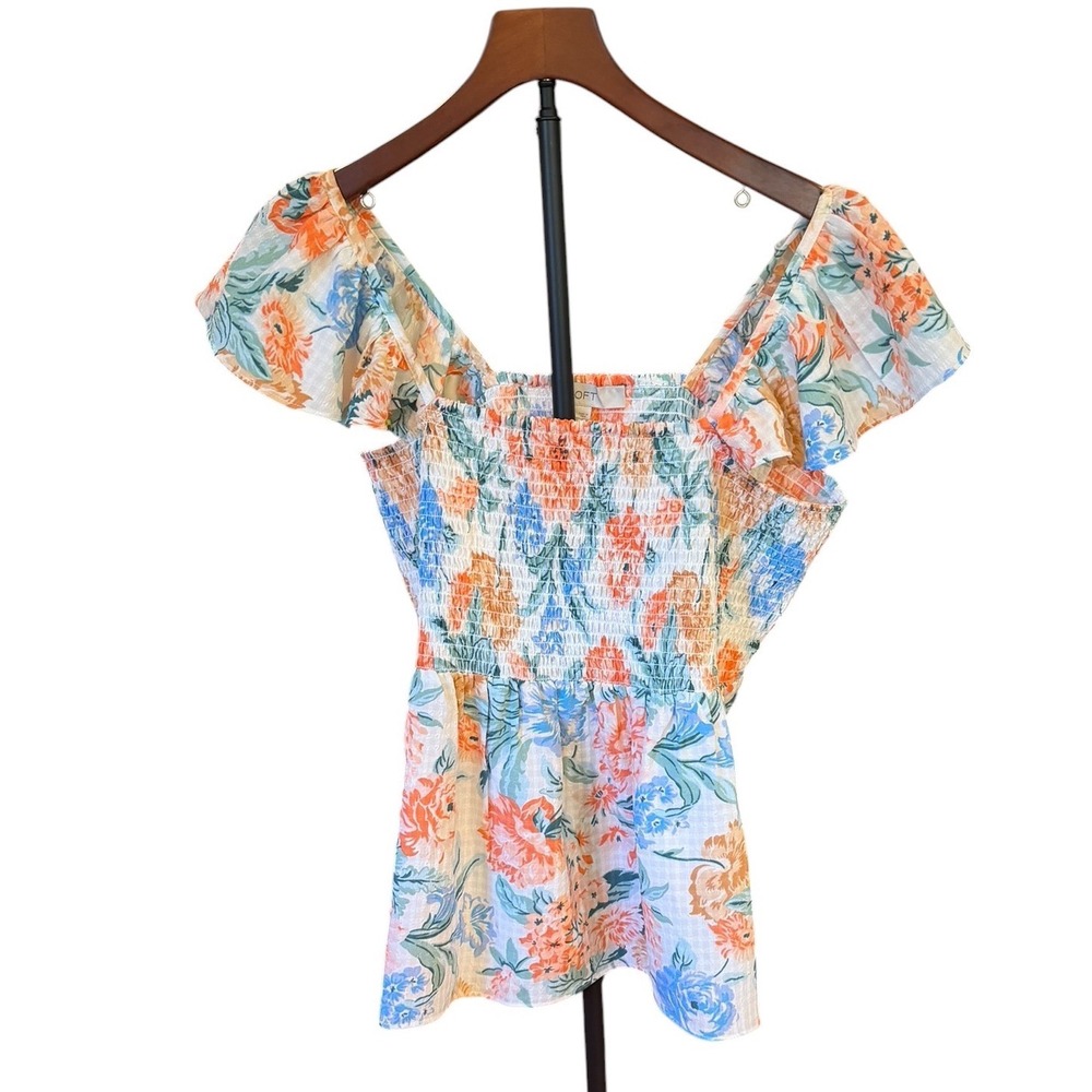 LOFT Floral Smocked Flutter Sleeve Top Orange Blue White Square Neck Blouse sz L